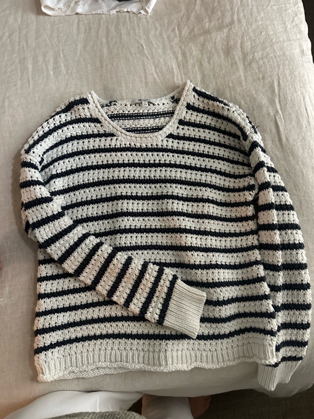 Madewell Navy and Cream Striped Crochet Crewneck Sweater